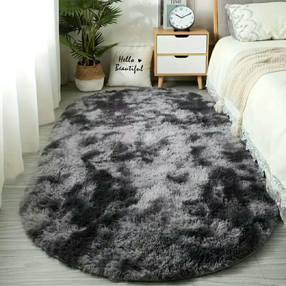 Plush Dark Grey Tie-dye Velvet Shag Oval Area Rug